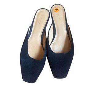 Black Suede Square Toe Mule Flats Womens Size 8.5 Pointed Heel Slip On Shoes